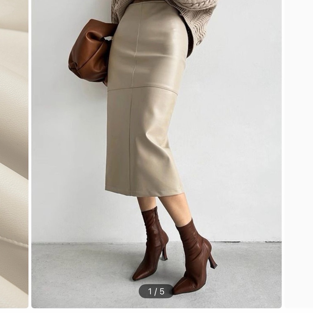 Neutral Beige Faux Leather Midi Skirt